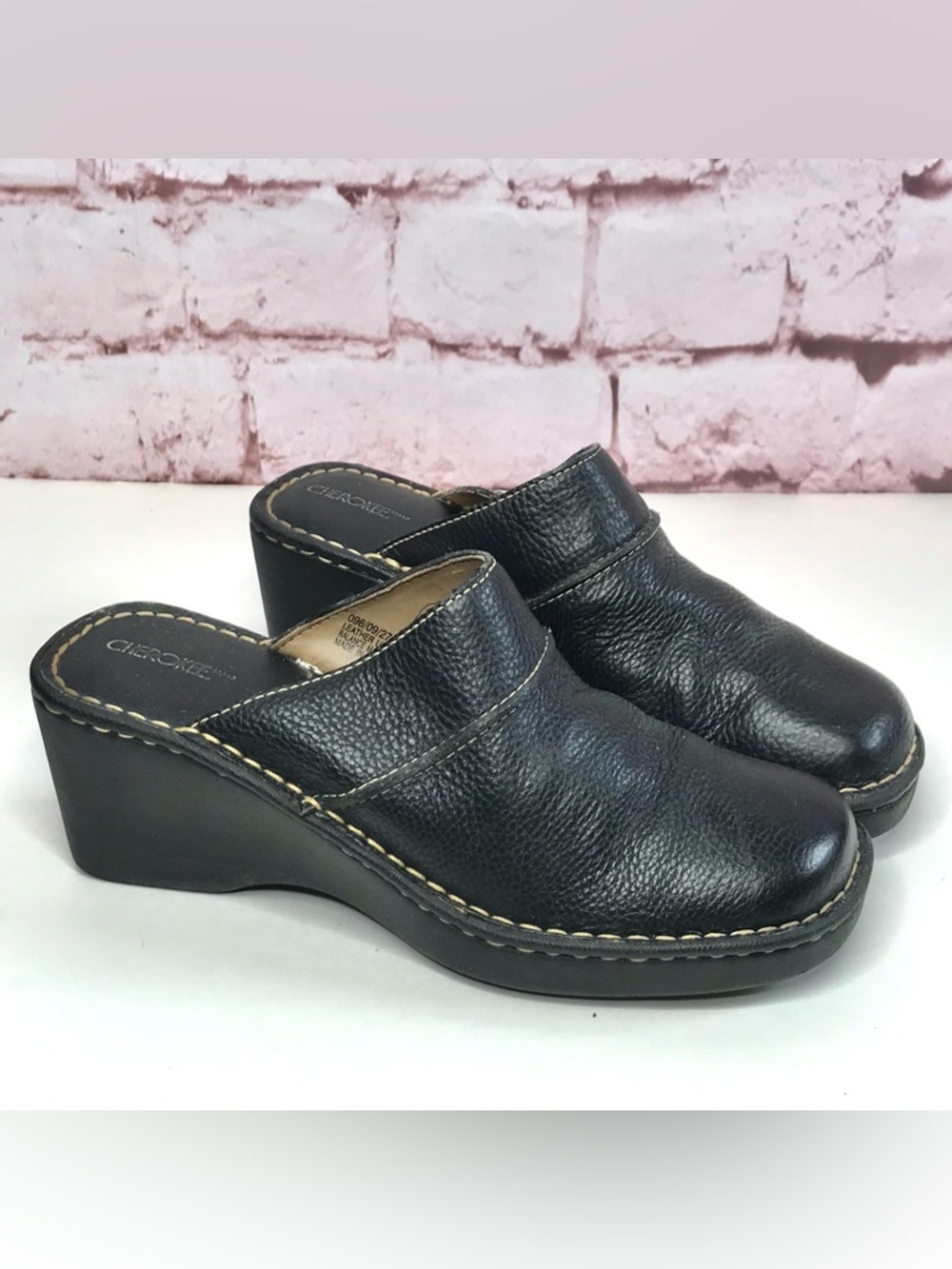 CHEROKEE Genuine Leather Size 9.5 Black Chunky Wedge Block Heel Clog Mules